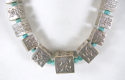 Sterling silver box bead and turquoise necklace and earrings set