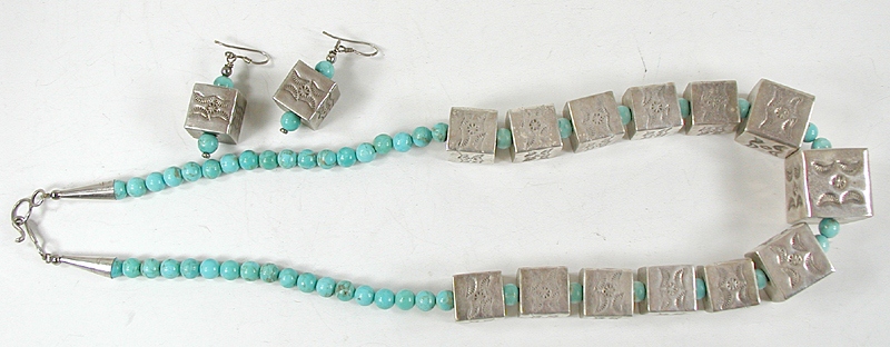 Sterling silver box bead and turquoise necklace and earrings set