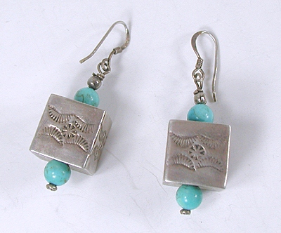 Sterling silver box bead and turquoise necklace and earrings set
