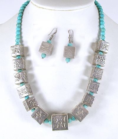 Sterling silver box bead and turquoise necklace and earrings set