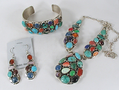 Authentic Native American Sterling Silver multi-stone bracelet, necklace and earrings set by Navajo Silversmith Emer Thompson