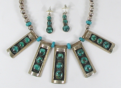 Authentic Native American Sterling Silver Turquoise shadowbox tab necklace and earrings set by Navajo Silversmith Roie Jaque