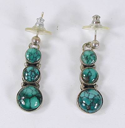 Authentic Native American Sterling Silver Turquoise shadowbox tab necklace and earrings set by Navajo Silversmith Roie Jaque