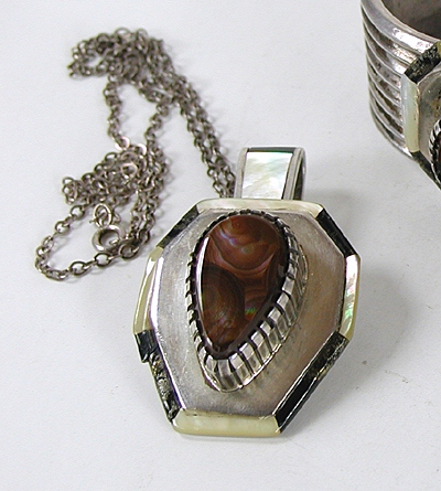 Authentic Native American Sterling Silver Fire Agate bracelet, Pendant and Ring set by Navajo Silversmith Roosevelt and Bernice Tekala