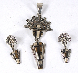 vintage Sterling Silver Inlay Kachinas Set pendant and earrings