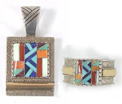 vintage Sterling Silver Kachina Dancers Set pendant and ring by Roderick and Marilyn Tenorio