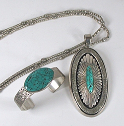 Turquoise Necklace, Pendant and Bracelet Set by Navajo artists Christin Wolf and William Vandever