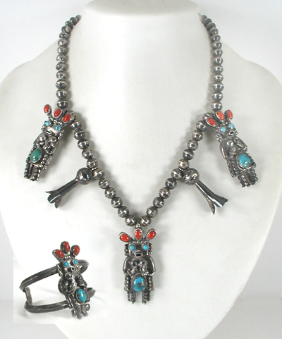 Vintage turquoise and coral kachina necklace and bracelet set