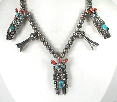 Vintage turquoise and coral kachina necklace and bracelet set