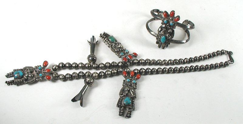 Vintage turquoise and coral kachina necklace and bracelet set