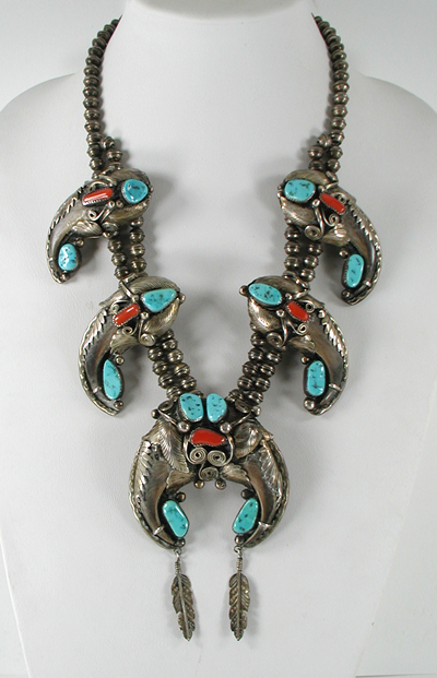 Vintage turquoise and coral claw necklace and bracelet set by Navajo artisans Evelyne and Edward James