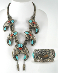 Vintage turquoise and coral claw necklace and bracelet set by Navajo artisans Evelyne and Edward James