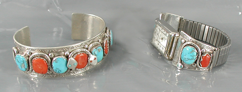 Vintage turquoise and coral Snake Bracelet, Watch Set by Zuni artisan Effie Calavaza