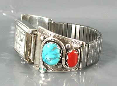 Vintage turquoise and coral Snake Bracelet, Watch Set by Zuni artisan Effie Calavaza