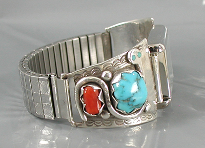 Vintage turquoise and coral Snake Bracelet, Watch Set by Zuni artisan Effie Calavaza