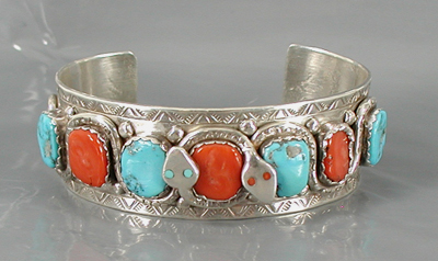 Vintage turquoise and coral Snake Bracelet, Watch Set by Zuni artisan Effie Calavaza