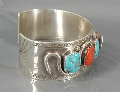 Vintage turquoise and coral Snake Bracelet, Watch Set by Zuni artisan Effie Calavaza