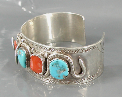 Vintage turquoise and coral Snake Bracelet, Watch Set by Zuni artisan Effie Calavaza