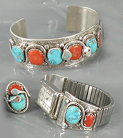 Vintage turquoise and coral Snake Bracelet, Ring, Watch Set by Zuni artisan Effie Calavaza