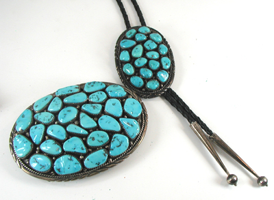 Vintagae Sterling Silver Turquoise Cluster Bolo and Buckle Set excellent condition
