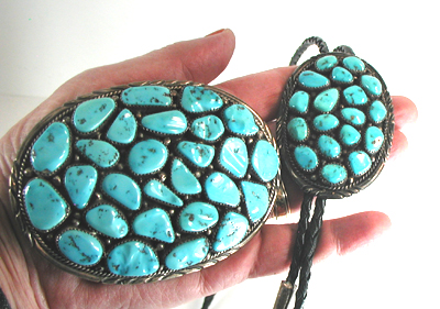 Vintagae Sterling Silver Turquoise Cluster Bolo and Buckle Set excellent condition