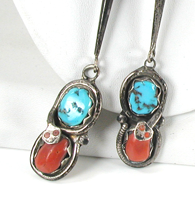 Vintage turquoise and coral Snake Buckle and Bolo Set by Zuni artisan Effie Calavaza