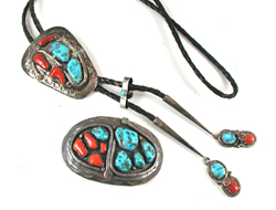 Vintage turquoise and coral Snake Buckle and Bolo Set by Zuni artisan Effie Calavaza