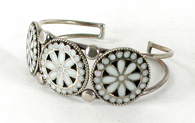 Authentic Native American Sterling Silver Mother of Pearl bracelet, Earrings and Ring set by Zuni artisans Matthew and Rosemary Lidase