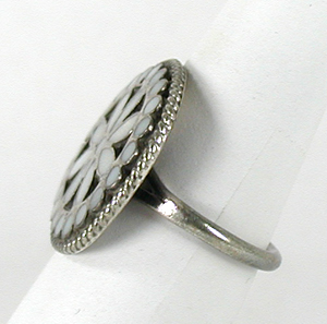 Authentic Native American Sterling Silver Mother of Pearl bracelet, Earrings and Ring set by Zuni artisans Matthew and Rosemary Lidase