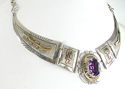 Authentic Native American Sterling Silver and 12K gold filled amethyst necklace and earrings set by Navajo artisan Edison Etsitty