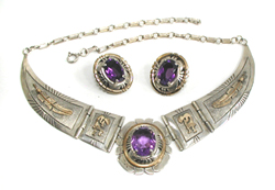 Authentic Native American Sterling Silver and 12K gold filled amethyst necklace and earrings set by Navajo artisan Edison Etsitty