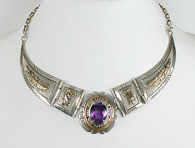 Authentic Native American Sterling Silver and 12K gold filled amethyst necklace and earrings set by Navajo artisan Edison Etsitty