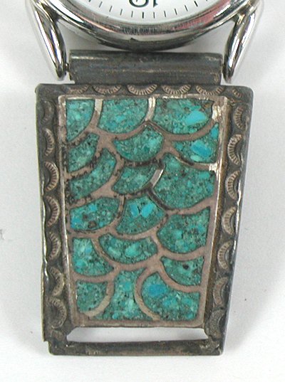 Authentic Vintage Native American watch tips turquoise chip inlay Fish Scale by Navajo L. Notah