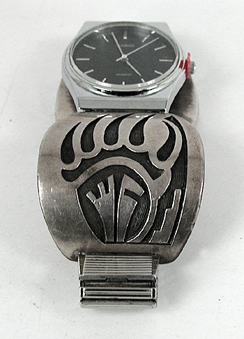 Authentic Vintage Native American watch tips sterling silver overlay bear paw by Hopi Jacob Poleviyouma, Jr.