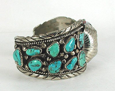 Vintage 13-Stone Turquoise and sterling silver side-mount watch Cuff