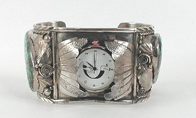 Authentic Vintage Native American large sterling silver and turquoise watch cuff by Silver Ray