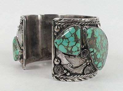 Authentic Vintage Native American large sterling silver and turquoise watch cuff by Silver Ray