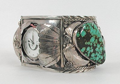 Authentic Vintage Native American large sterling silver and turquoise watch cuff by Silver Ray