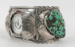 Authentic Vintage Native American large sterling silver and turquoise watch cuff by Silver Ray
