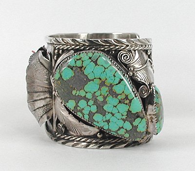 Authentic Vintage Native American large sterling silver and turquoise watch cuff by Silver Ray