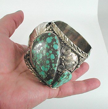Authentic Vintage Native American large sterling silver and turquoise watch cuff by Silver Ray