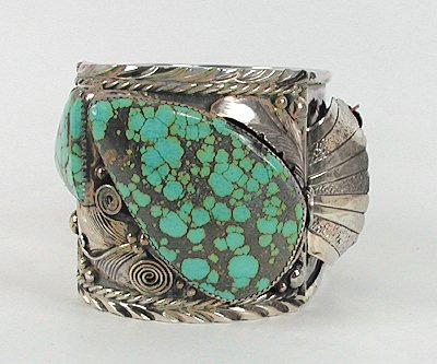 Authentic Vintage Native American large sterling silver and turquoise watch cuff by Silver Ray