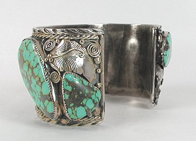 Authentic Vintage Native American large sterling silver and turquoise watch cuff by Silver Ray