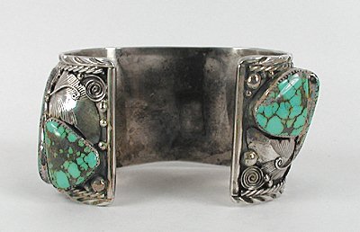 Authentic Vintage Native American large sterling silver and turquoise watch cuff by Silver Ray