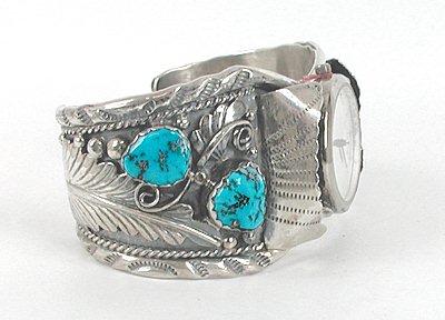 Authentic Vintage NOS Native American sterling silver and turquoise watch cuff