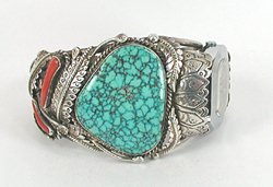 Authentic Vintage Native American large sterling silver and turquoise watch cuff by Silver Ray