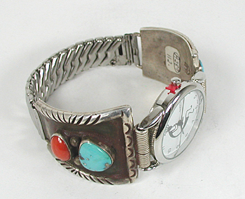 Authentic Native American Vintage Turquoise Coral and sterling silver Watch Tips by Navajo Begay
