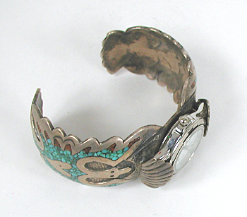 Authentic Native American Peyote Bird watch cuff of sterling silver, turquoise and coral chip inlay 6 5/8 inches