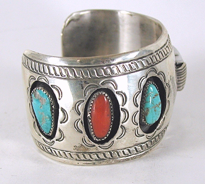 Turquoise, coral, sterling silver sidewinder watch cuff 6 3/8 inch