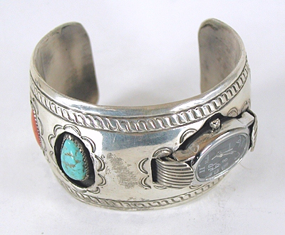 Turquoise, coral, sterling silver sidewinder watch cuff 6 3/8 inch